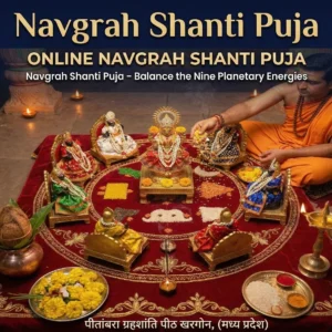 Navgrah Shanti Puja ritual with priest offering prayers to nine planetary deities