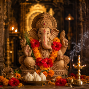 Ganesh Chaturthi puja online performed at Shree Navgrah Mandir Khargone with decorated Lord Ganesha idol, diya and modak