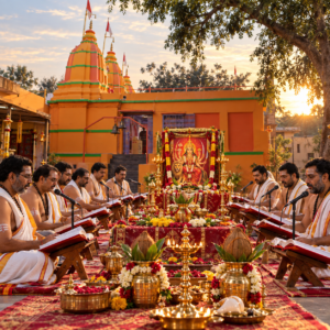 Pandits reciting Durga Saptashati during Sahasra Chandi Path at Shree Navgrah Mandir, Khargone