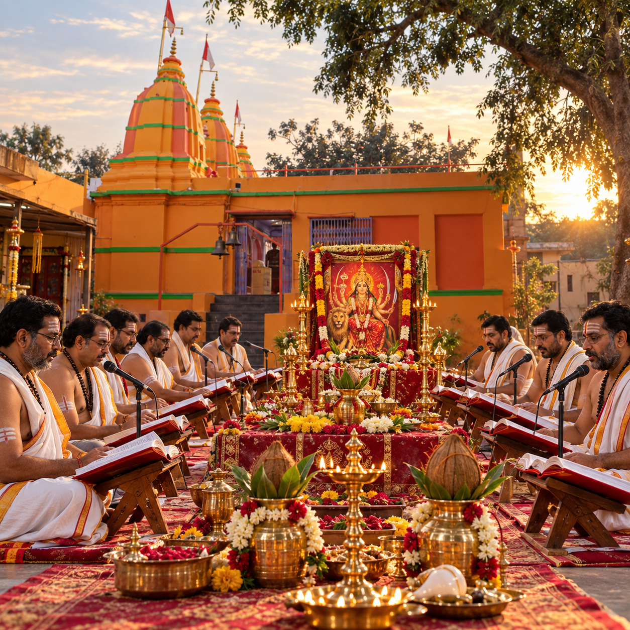 Pandits reciting Durga Saptashati during Sahasra Chandi Path at Shree Navgrah Mandir, Khargone